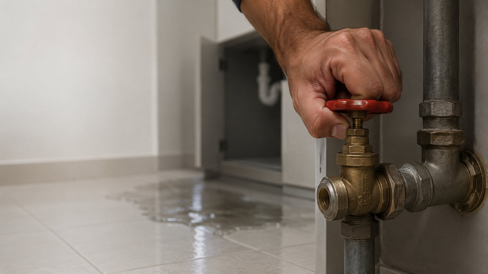 A hand closing the main water shut-off valve to stop a burst-pipe leak with water pooling on the floor in Dubai