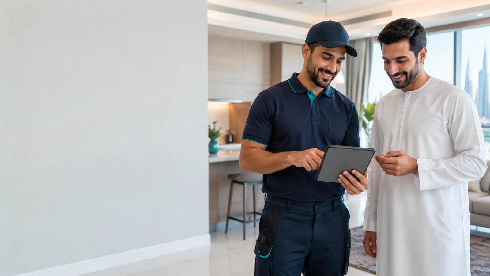 Mr Plumber plumber showing a transparent price on a tablet to a customer in a Dubai apartment
