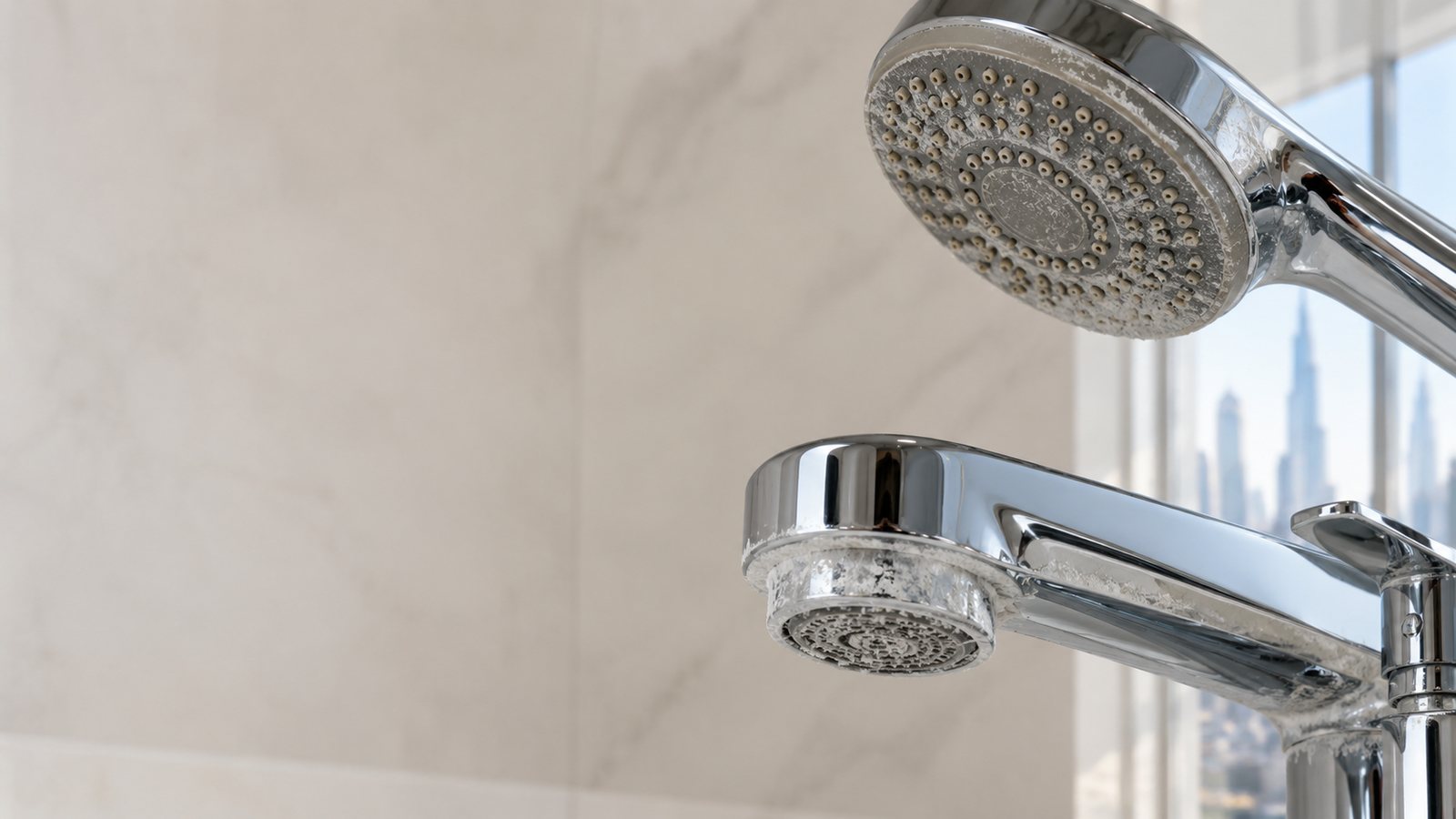 Chrome showerhead and tap aerator caked in white limescale from hard water in a Dubai bathroom