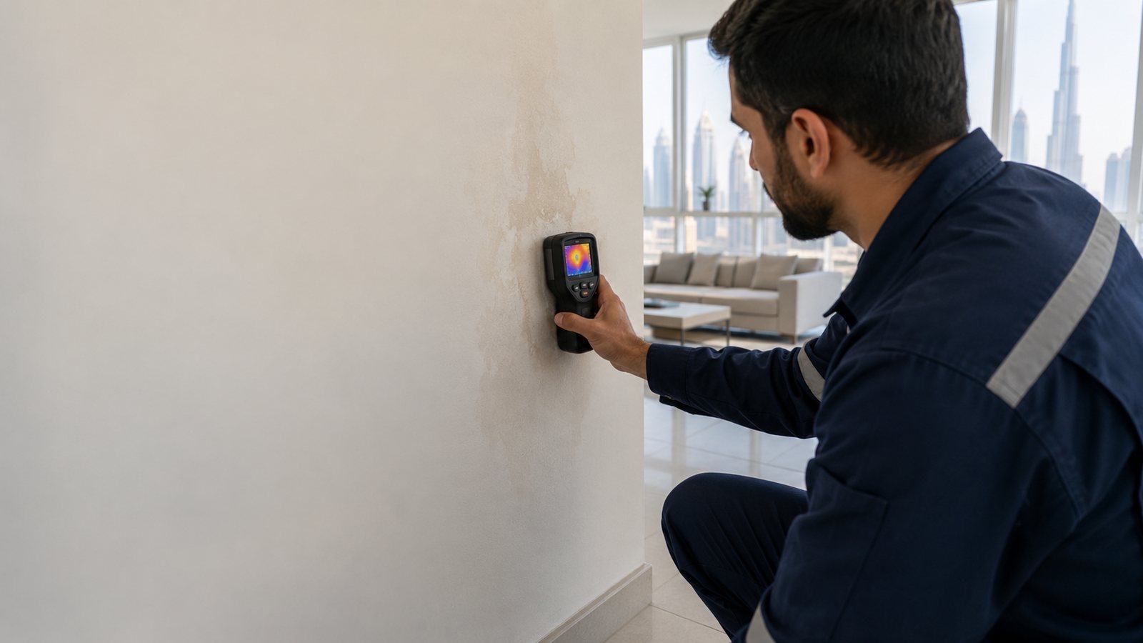 Mr Plumber technician using a thermal imaging camera to find a hidden water leak in a Dubai apartment wall