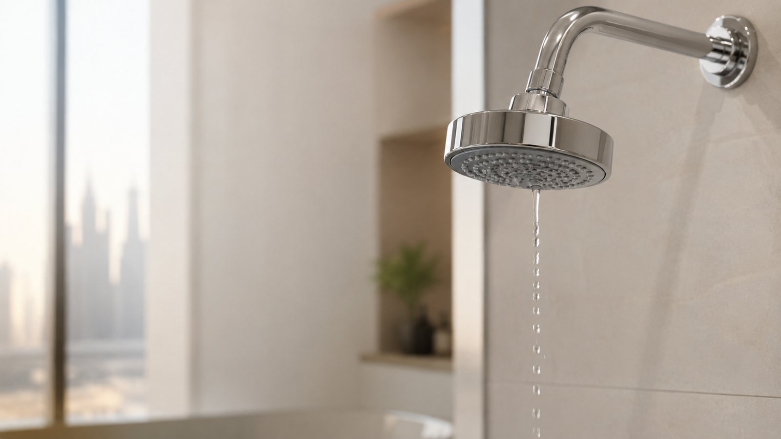 A chrome showerhead trickling weak water, showing low water pressure in a Dubai apartment bathroom