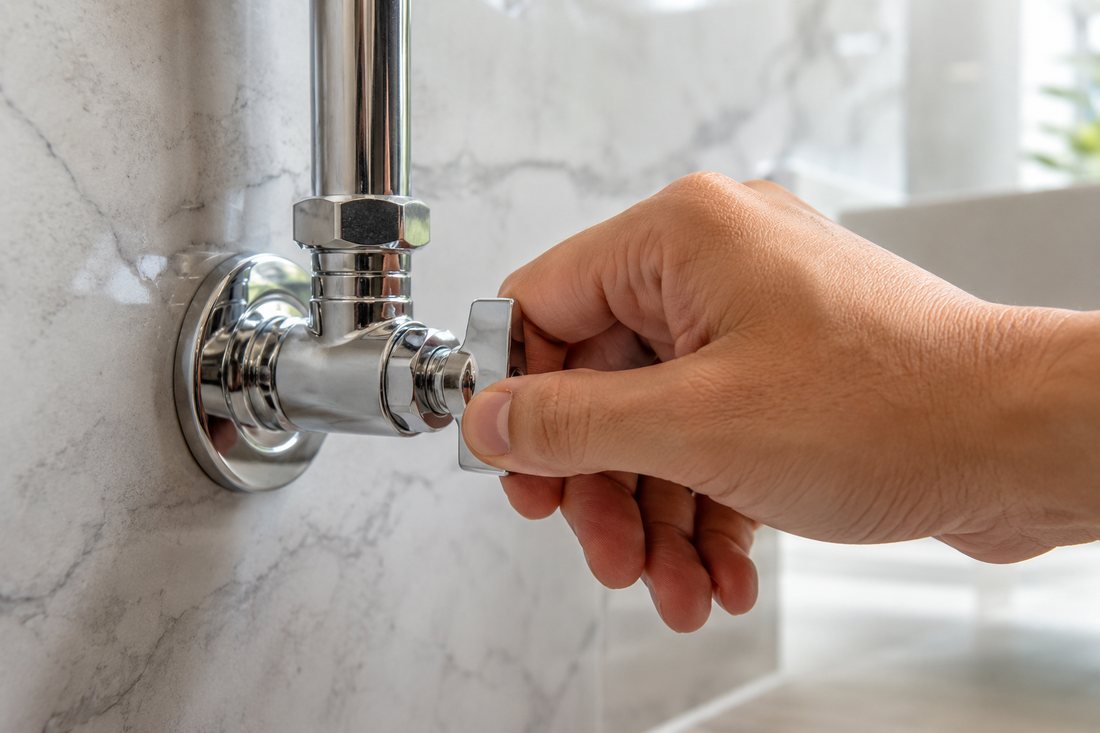 A hand turning off a chrome main water shut-off valve to stop a leak before the plumber arrives in Dubai