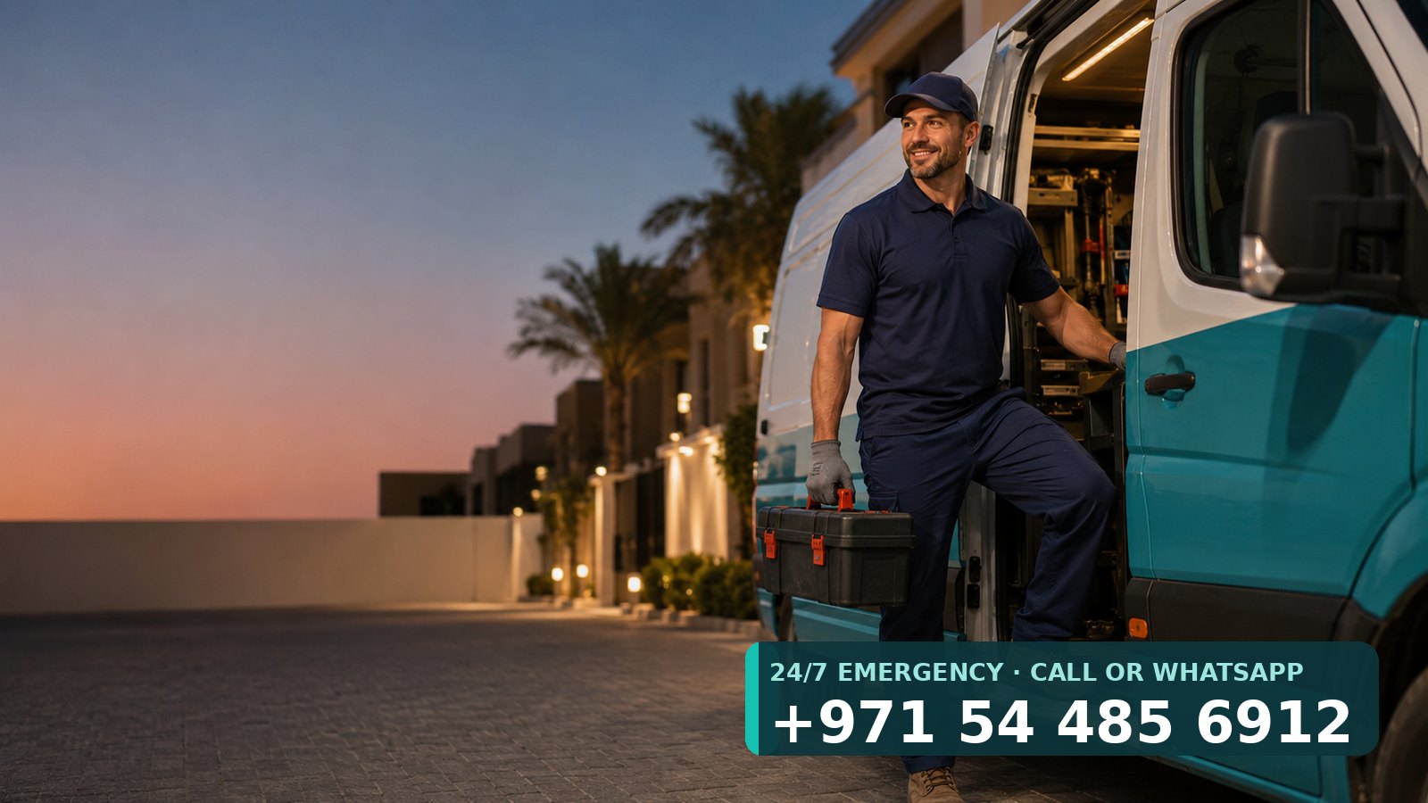 Mr Plumber 24/7 emergency plumber stepping out of the service van at dusk in Dubai, phone +971 54 485 6912