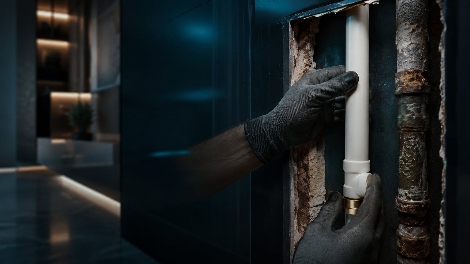 Plumber fitting a clean new water pipe next to an old corroded rusty pipe inside a Dubai villa wall