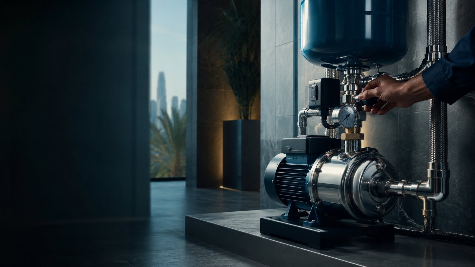 Technician adjusting a stainless-steel booster pump and pressure tank in a Dubai home
