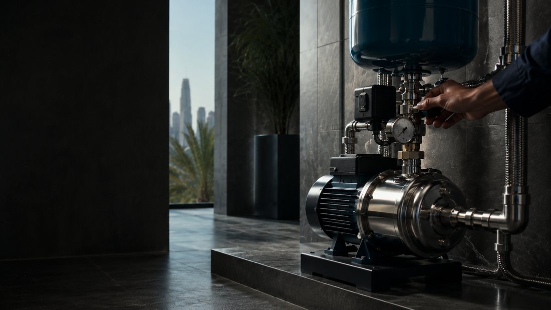 Stainless-steel residential booster pump and pressure tank installed in a Dubai utility space