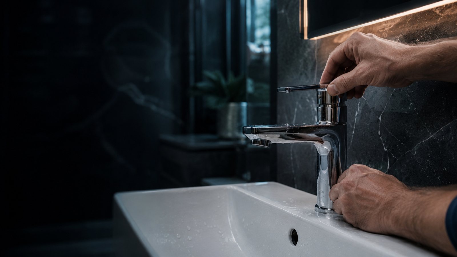 Plumber installing a chrome basin mixer tap on a white sink in a dark Dubai bathroom