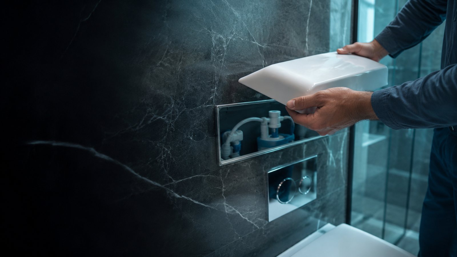 Plumber opening a concealed cistern panel to repair a wall-hung toilet flush in a Dubai bathroom