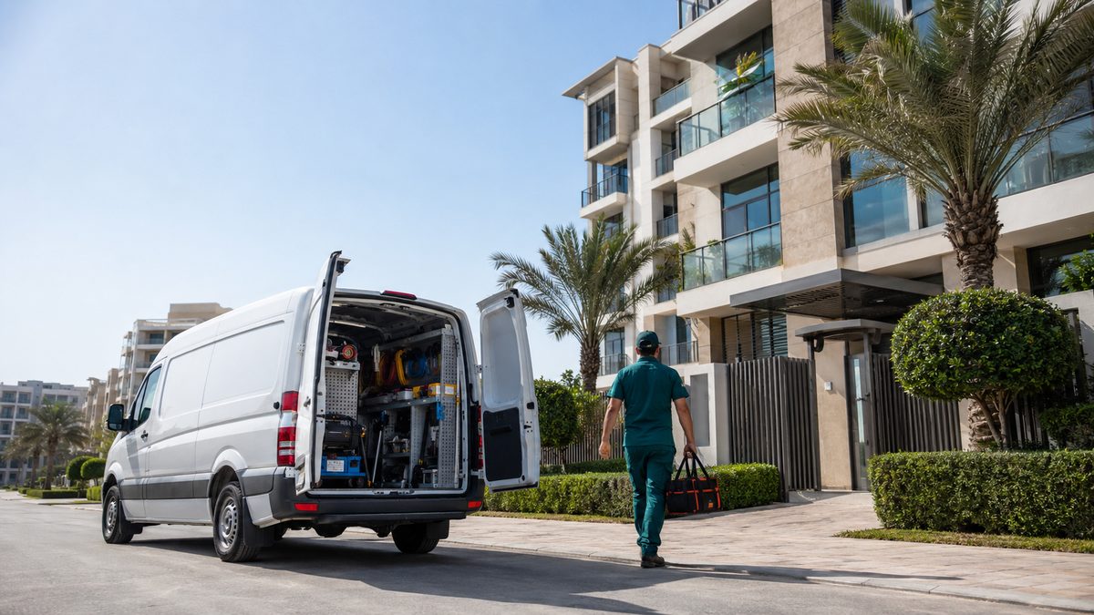 Mr Plumber teal-uniformed plumber arriving from a stocked service van at a Dubai residential building